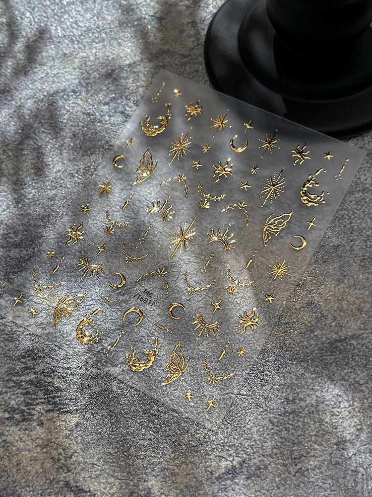 Glam Gold Star & Moon Nail Stickers | Retro Metallic Nail Art Decals for Y2K Grunge Aesthetic