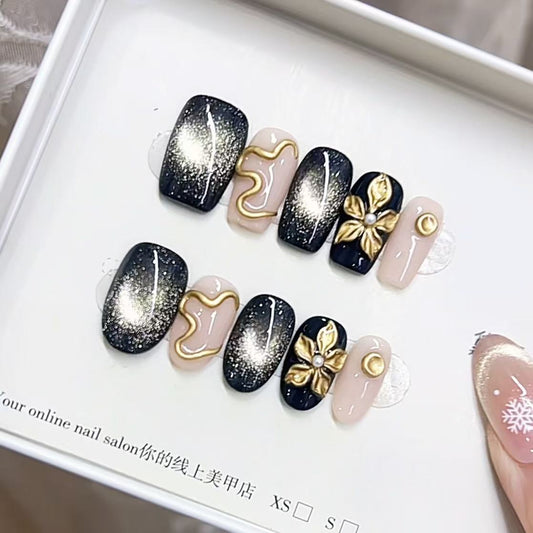 [Autumn Winter French Hand-Painted Press-On Nails] 3D Flower & Cat Eye Design