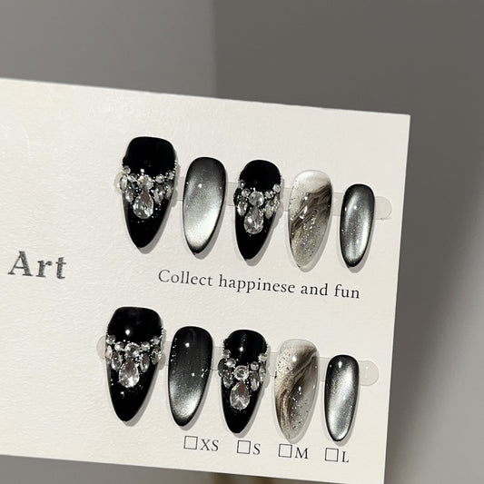 Handmade Press-On Nails -Dark Cat Eye Luxury Diamond-Studded Sparkling False Nail Tips