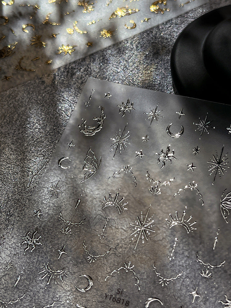 Glam Gold Star & Moon Nail Stickers | Retro Metallic Nail Art Decals for Y2K Grunge Aesthetic