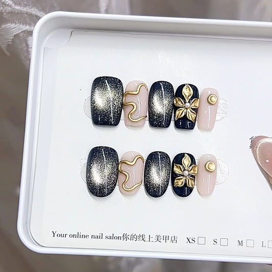 [Autumn Winter French Hand-Painted Press-On Nails] 3D Flower & Cat Eye Design