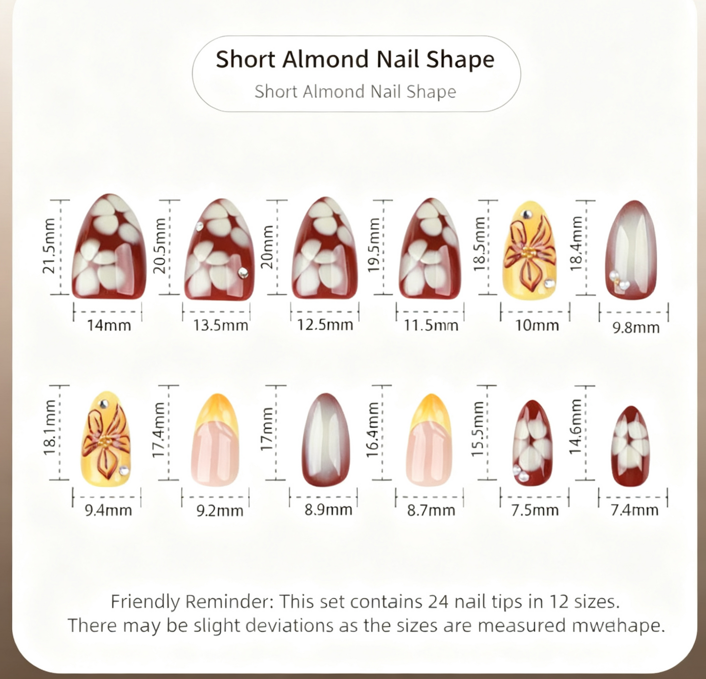 3D Floral Short Almond Nails--24 nail tips in 12 sizes