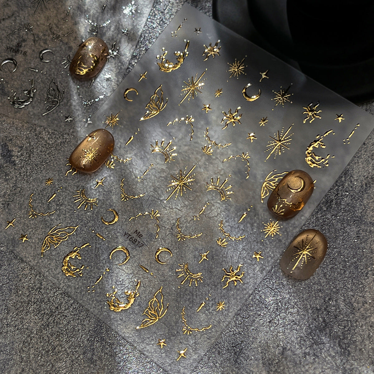 Glam Gold Star & Moon Nail Stickers | Retro Metallic Nail Art Decals for Y2K Grunge Aesthetic