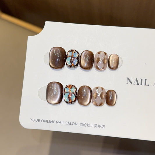 Bronze Cat-Eye Press-On Nails |Ins-Style Handmade