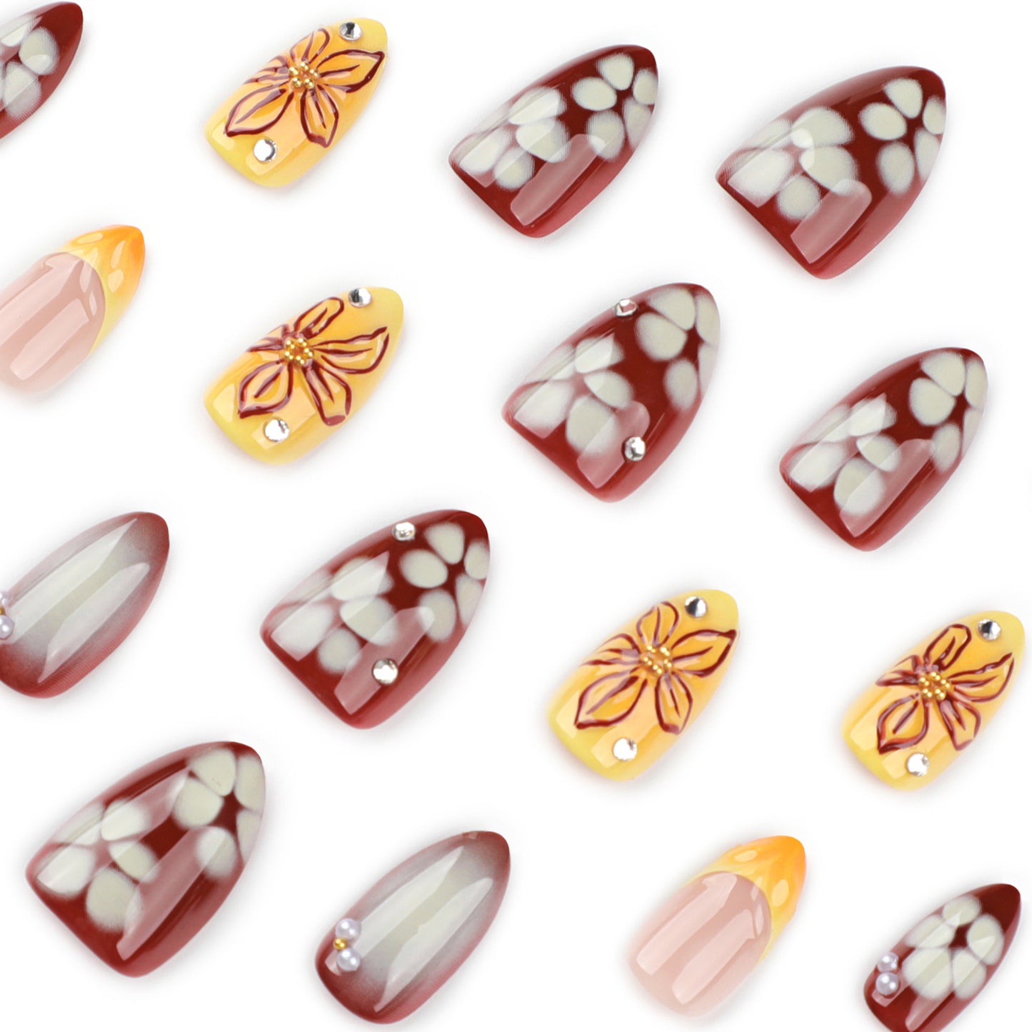 3D Floral Short Almond Nails--24 nail tips in 12 sizes