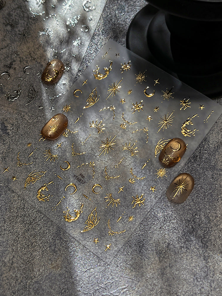 Glam Gold Star & Moon Nail Stickers | Retro Metallic Nail Art Decals for Y2K Grunge Aesthetic