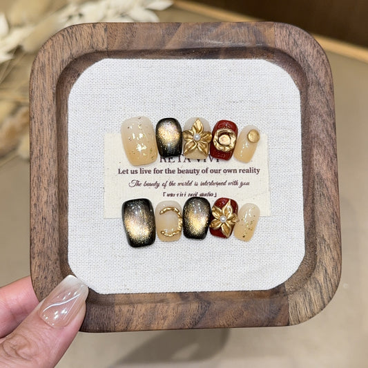 Handcrafted 3D Carved Cat Eye Press-On Nails | Elegant Beige & Gold Glitter Manicure