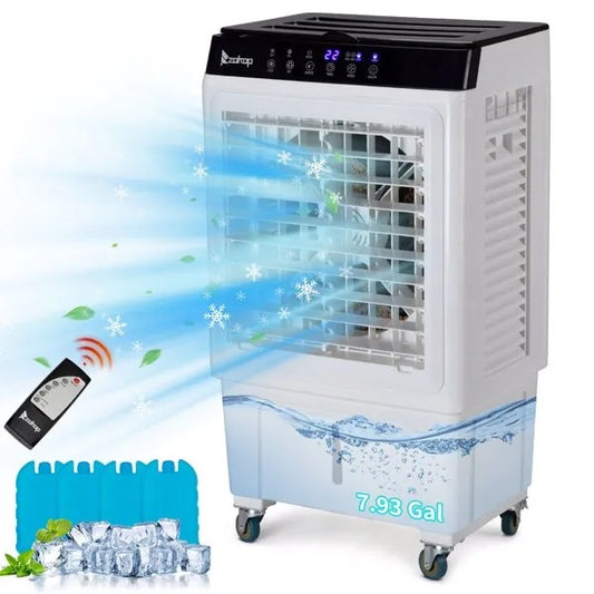 ZOKOP-3 In 1 Portable Evaporative Cooler,Indoor,Outdoor,2353CFM Personal Air Cooler With Remote ,7.93 Gal Large Water Tank & Scroll Casters, 4 Ice Packs,White