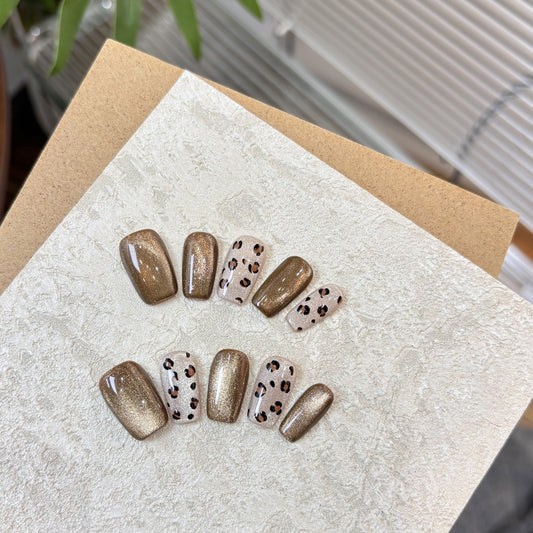 Leopard Cat-Eye Press-On Nails | Warm Tone & Edgy-Chic Style