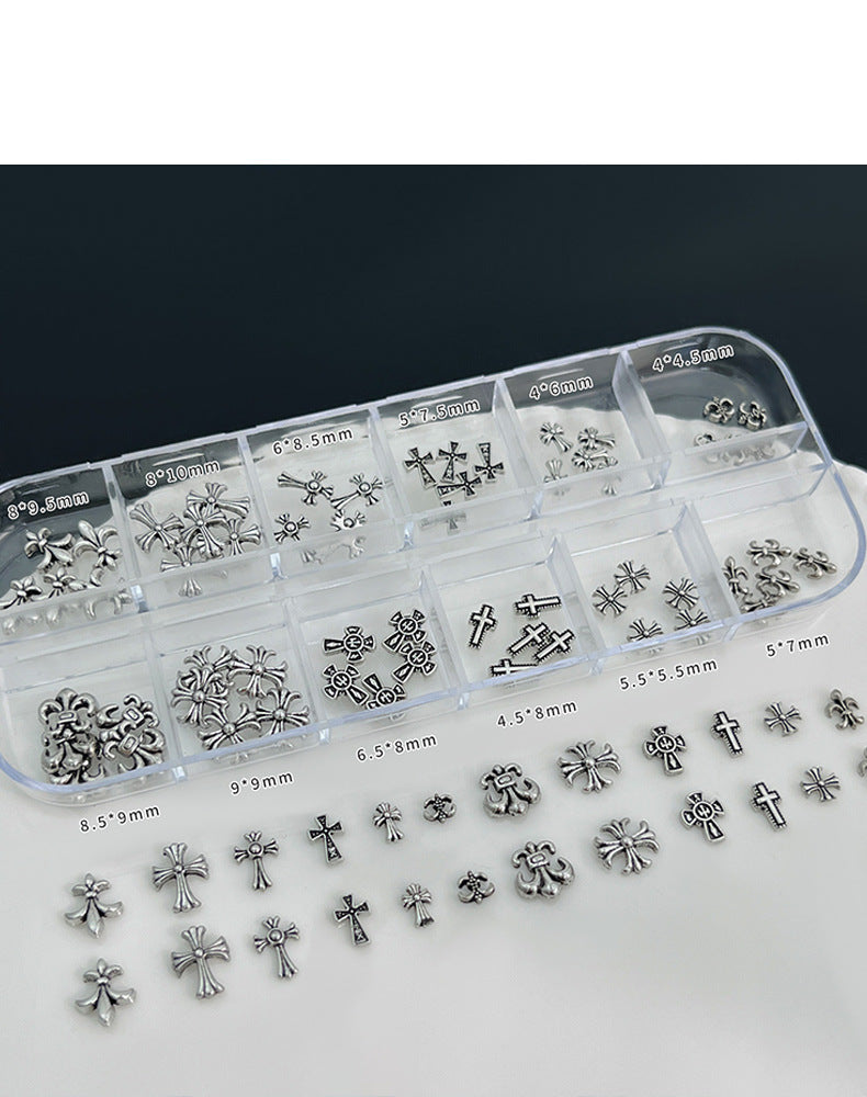 12-Grid Chrome Hearts Nail Art Kit | Gothic Cross Metal Studs & Punk Nail Decorations