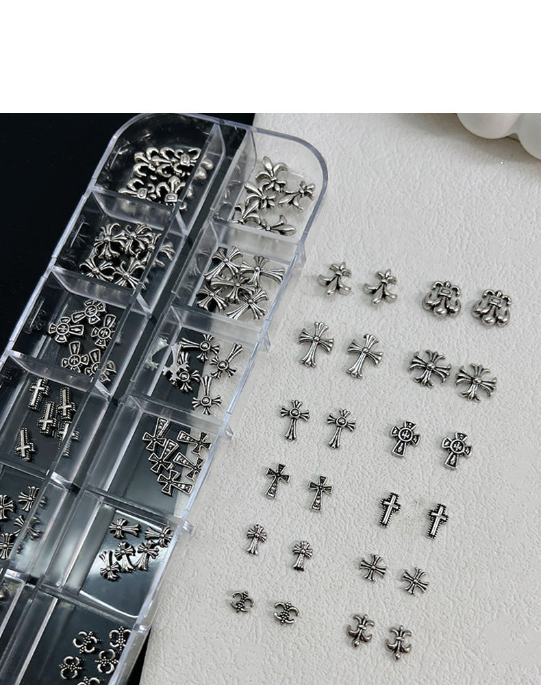 12-Grid Chrome Hearts Nail Art Kit | Gothic Cross Metal Studs & Punk Nail Decorations