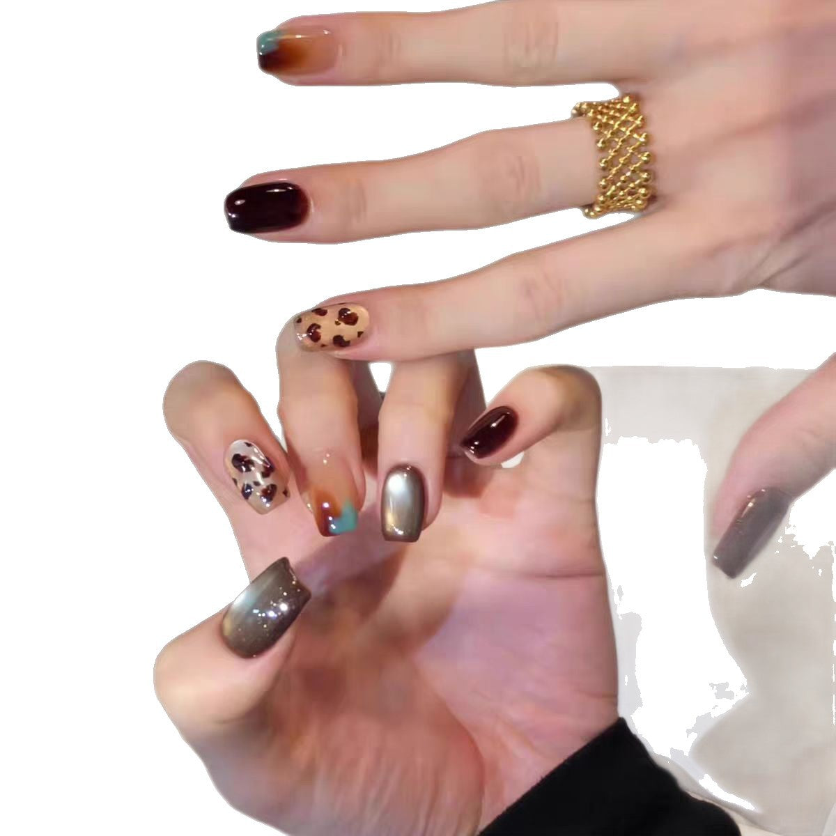 Handmade Wearable Nail Tips｜Autumn/Winter New Arrival: Dark Amber Gradient Leopard Print Cat Eye Nail Tips