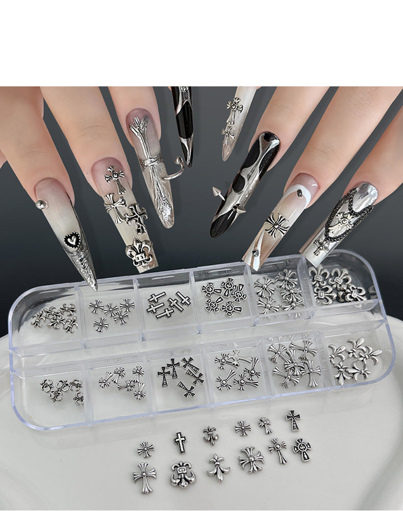 12-Grid Chrome Hearts Nail Art Kit | Gothic Cross Metal Studs & Punk Nail Decorations