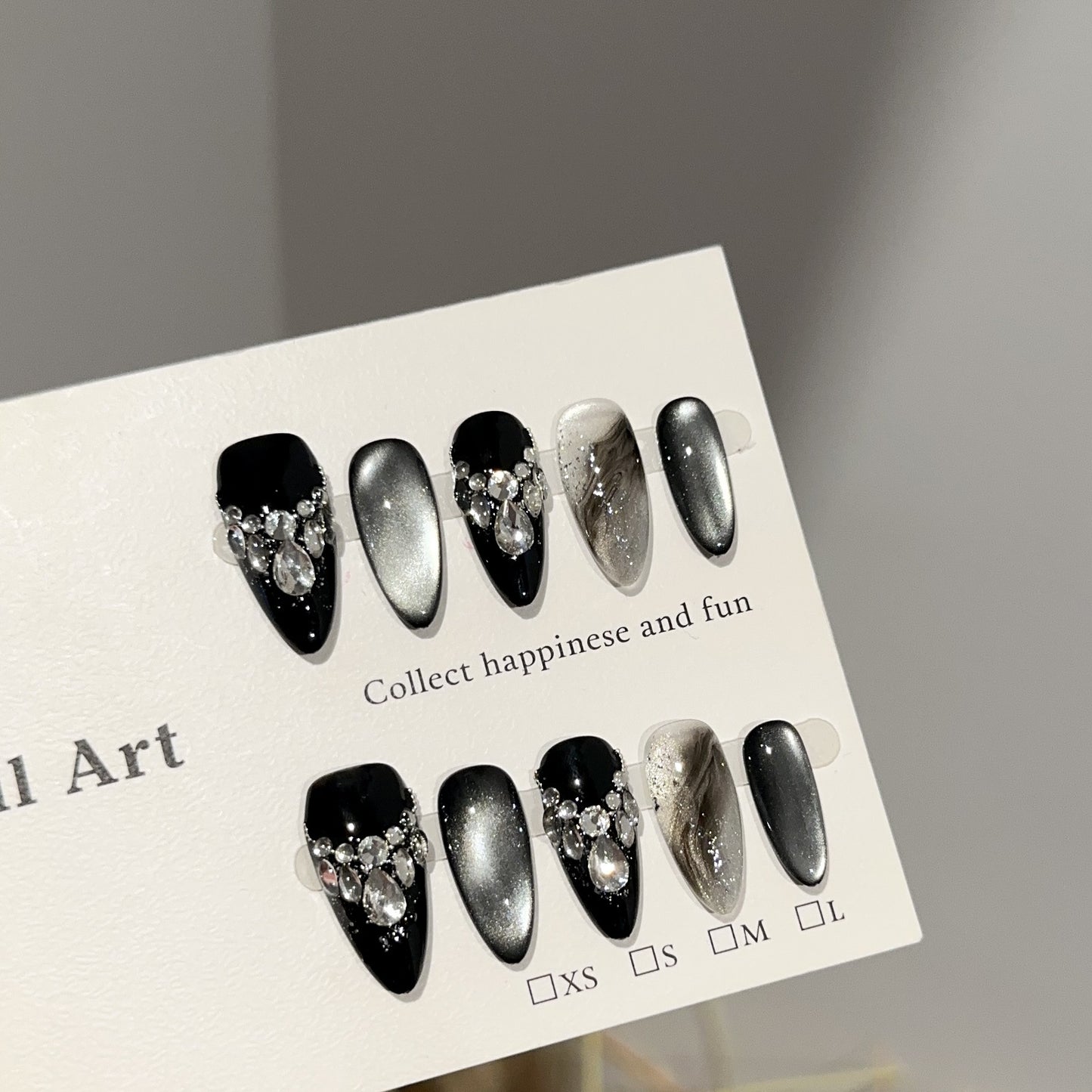 Handmade Press-On Nails -Dark Cat Eye Luxury Diamond-Studded Sparkling False Nail Tips