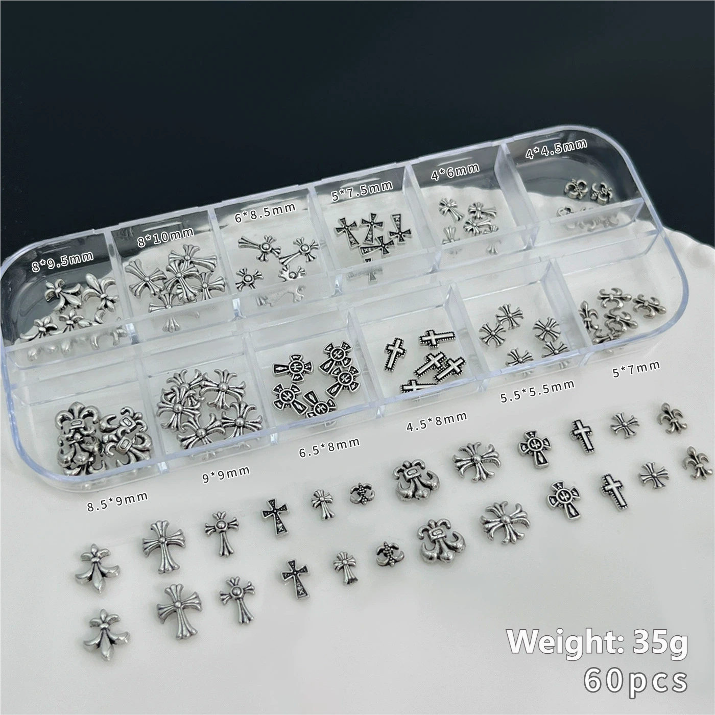 12-Grid Chrome Hearts Nail Art Kit | Gothic Cross Metal Studs & Punk Nail Decorations