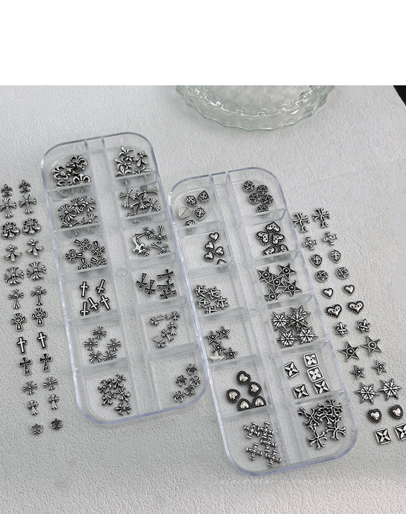 12-Grid Chrome Hearts Nail Art Kit | Gothic Cross Metal Studs & Punk Nail Decorations