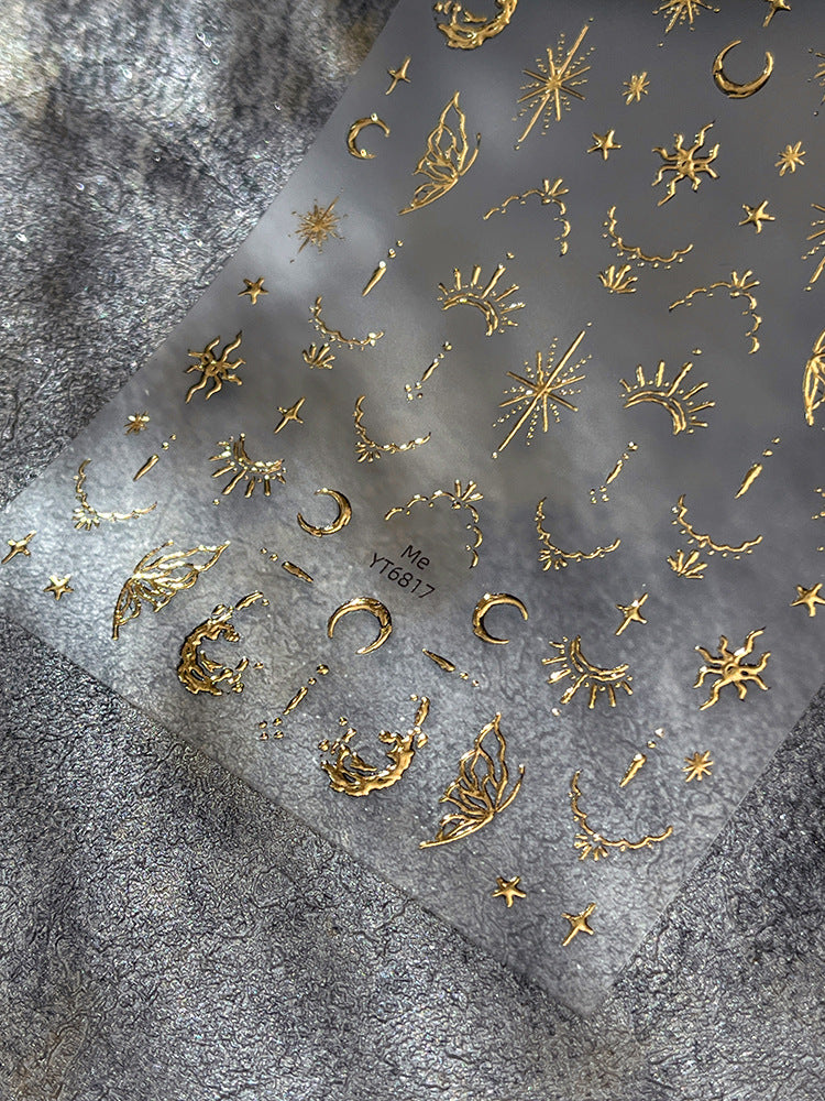 Glam Gold Star & Moon Nail Stickers | Retro Metallic Nail Art Decals for Y2K Grunge Aesthetic