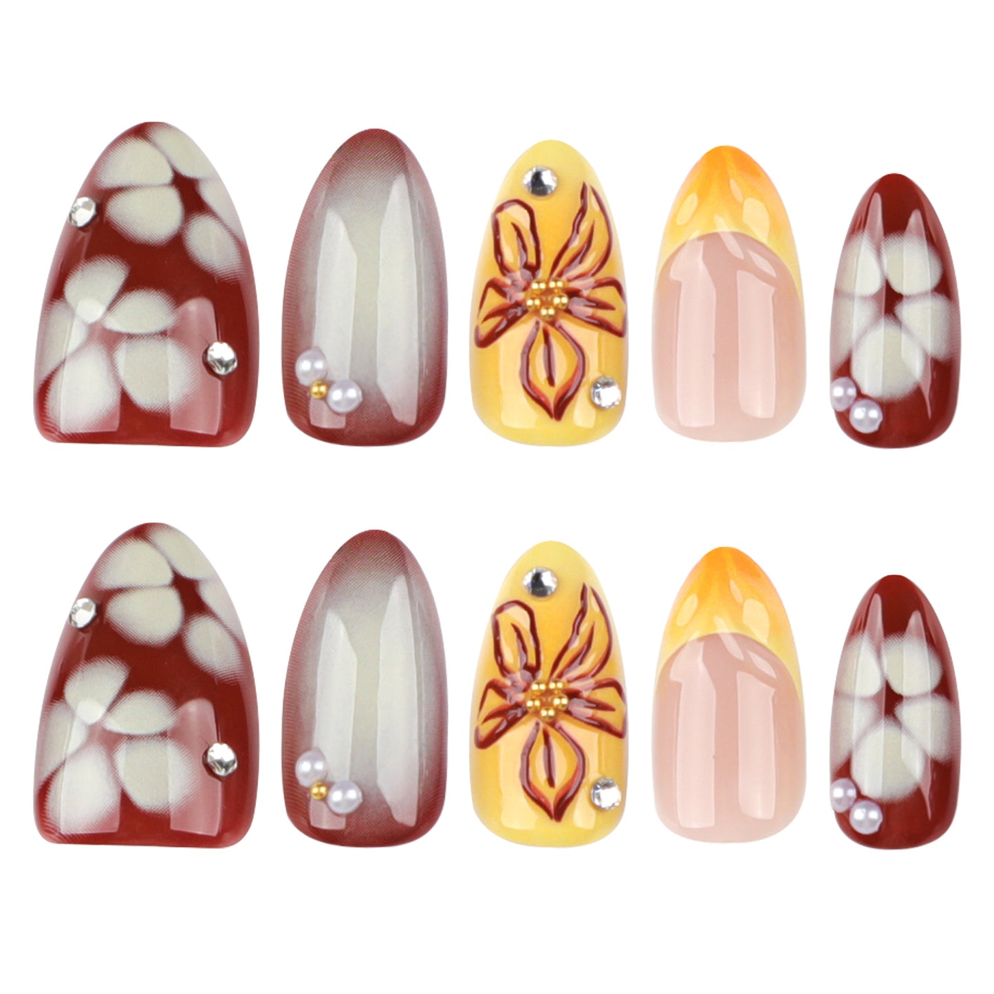 3D Floral Short Almond Nails--24 nail tips in 12 sizes