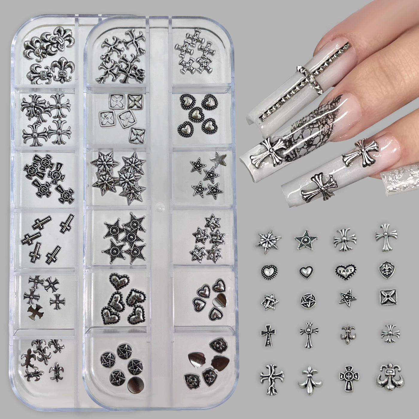 12-Grid Chrome Hearts Nail Art Kit | Gothic Cross Metal Studs & Punk Nail Decorations