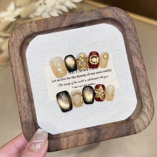 Handcrafted 3D Carved Cat Eye Press-On Nails | Elegant Beige & Gold Glitter Manicure