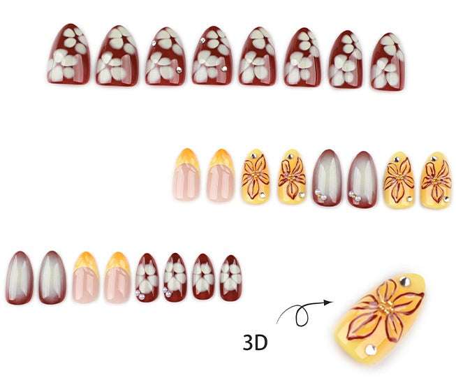 3D Floral Short Almond Nails--24 nail tips in 12 sizes