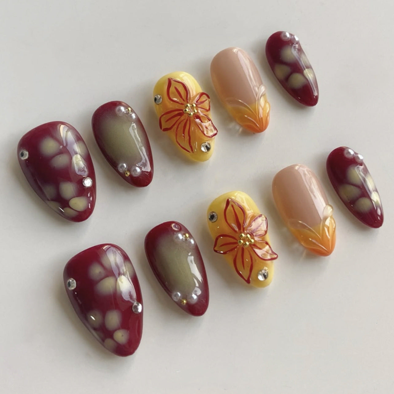 3D Floral Short Almond Nails--24 nail tips in 12 sizes