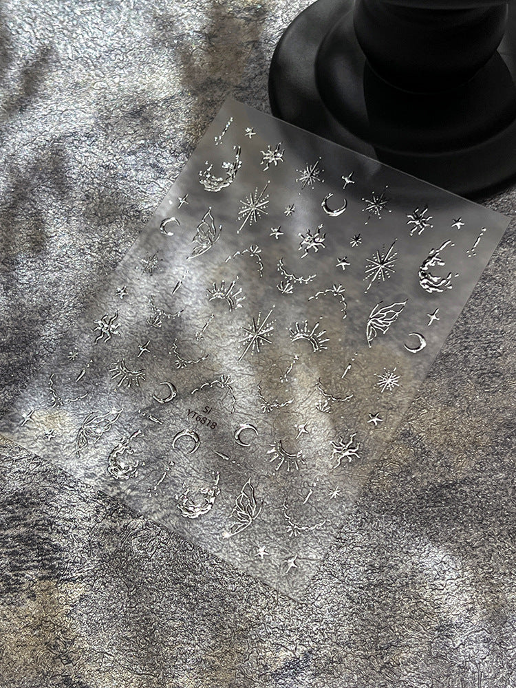 Glam Gold Star & Moon Nail Stickers | Retro Metallic Nail Art Decals for Y2K Grunge Aesthetic