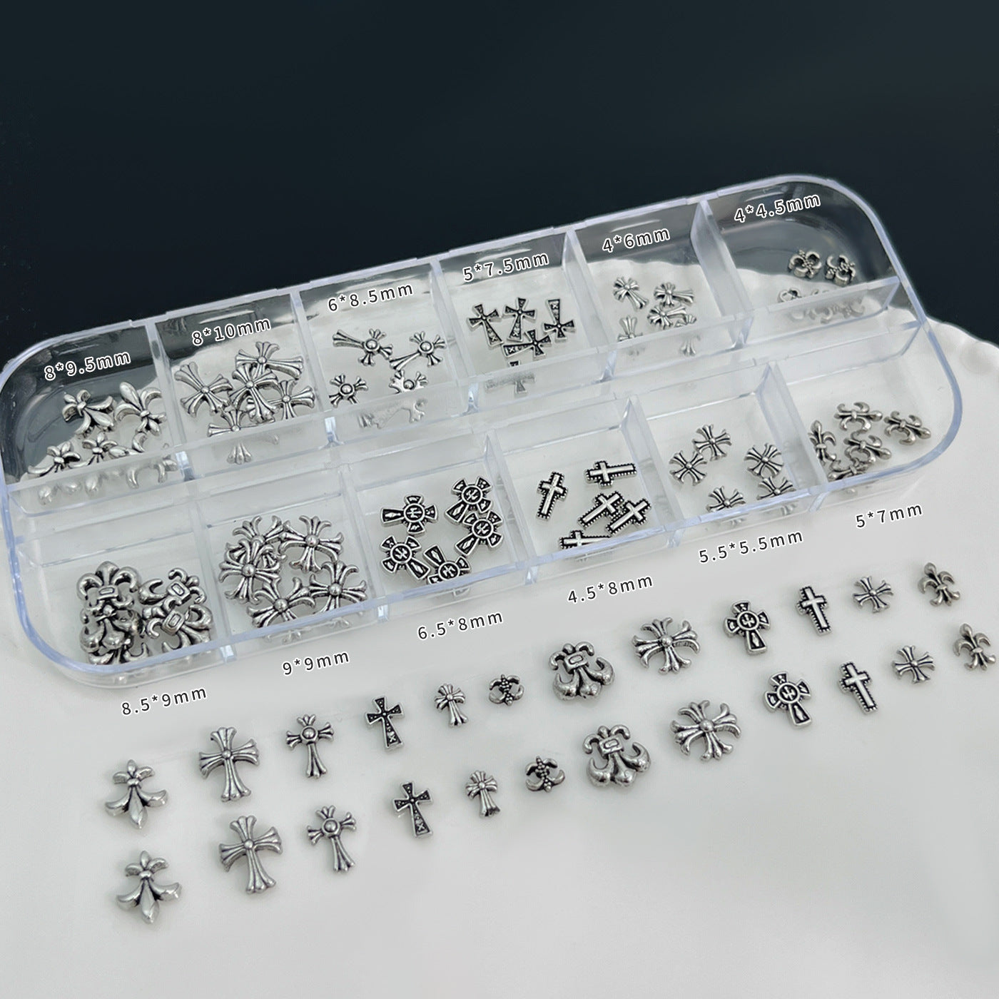 12-Grid Chrome Hearts Nail Art Kit | Gothic Cross Metal Studs & Punk Nail Decorations