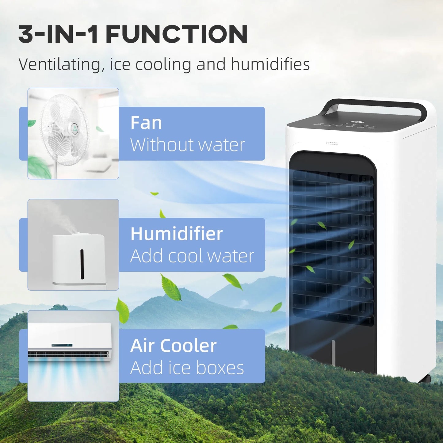HOMCOM Evaporative Air Cooler With Ice Packs, 3-In-1 Ice Cooling Fan, Portable Swamp Cooler With Water Tank, Timer, Oscillating, Remote, For Home Office Bedroom