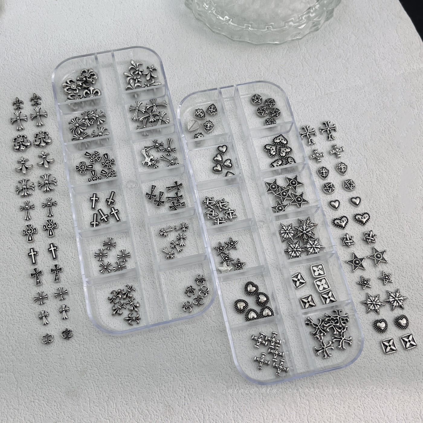 12-Grid Chrome Hearts Nail Art Kit | Gothic Cross Metal Studs & Punk Nail Decorations