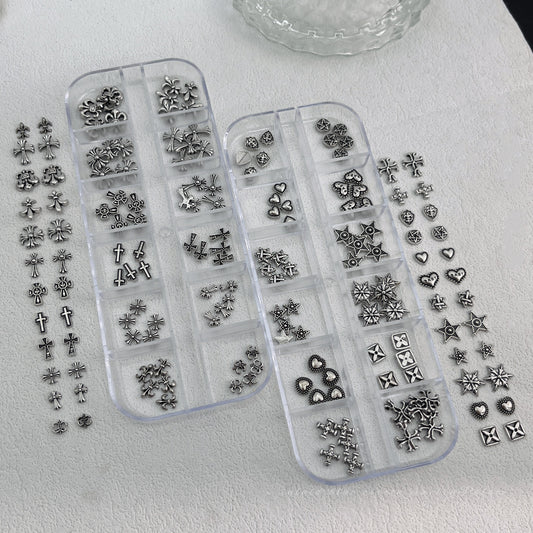 12-Grid Chrome Hearts Nail Art Kit | Gothic Cross Metal Studs & Punk Nail Decorations