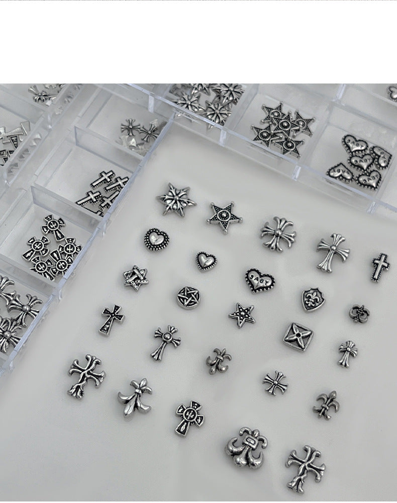 12-Grid Chrome Hearts Nail Art Kit | Gothic Cross Metal Studs & Punk Nail Decorations
